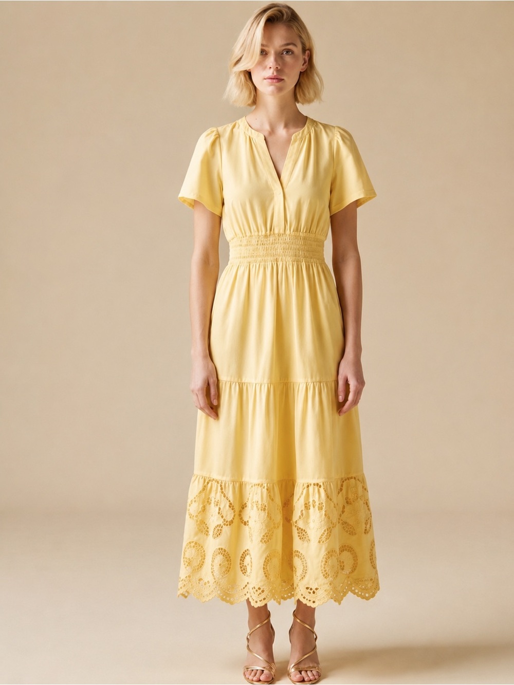 Haute Hippie Yellow Eyelet Lace Midi Maxi Dress Women’s Size M
